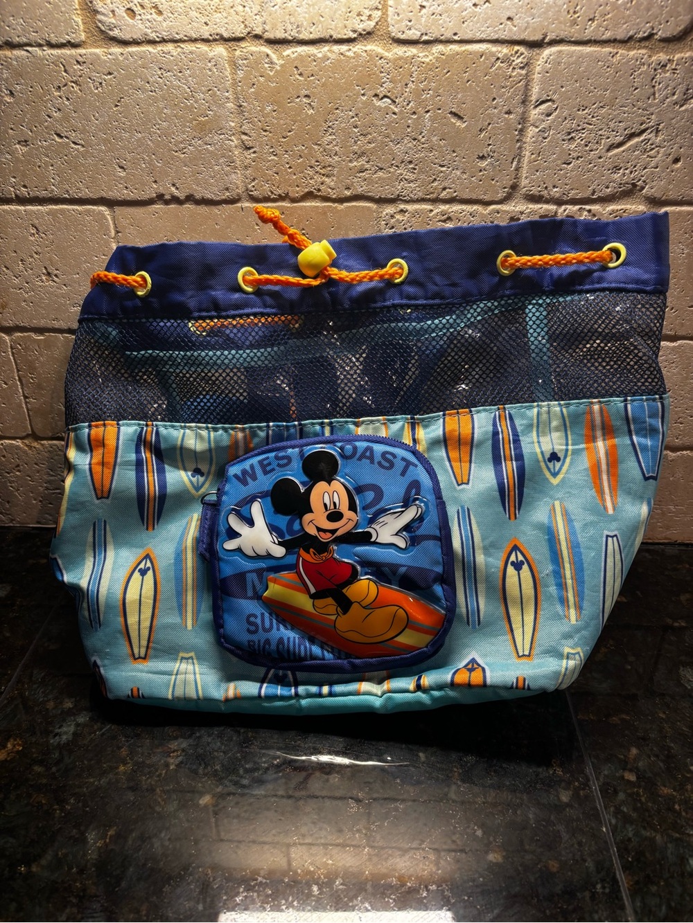 Disney Mickey Mouse Kids Surf Drawstring Bag - Blue/Orange Beach Bag